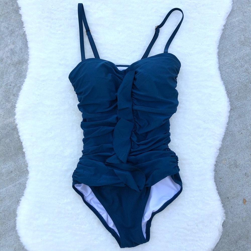 LANDS’ END Teal Ruched Strapless Swimsuit Size 2
